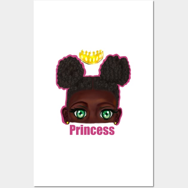 Princess - beautiful black girl with Afro hair in puffs, green eyes and dark brown skin side profile. Hair love ! Wall Art by Artonmytee